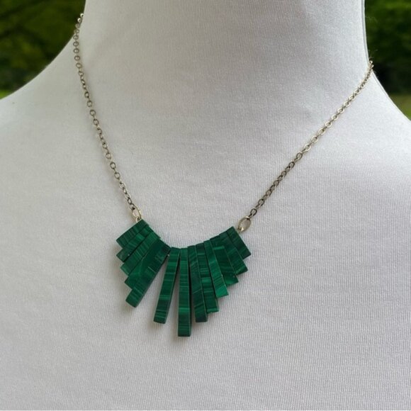 NECKLACE STERLING SILVER GREEN MALACHITE FAN STYLE GRADUATED TAPERED CHOKER 15” - Picture 1 of 9